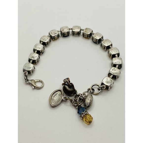 Crystal Tennis Bracelet with Football Charms Clear Blue Gold FLAW - Picture 4 of 6